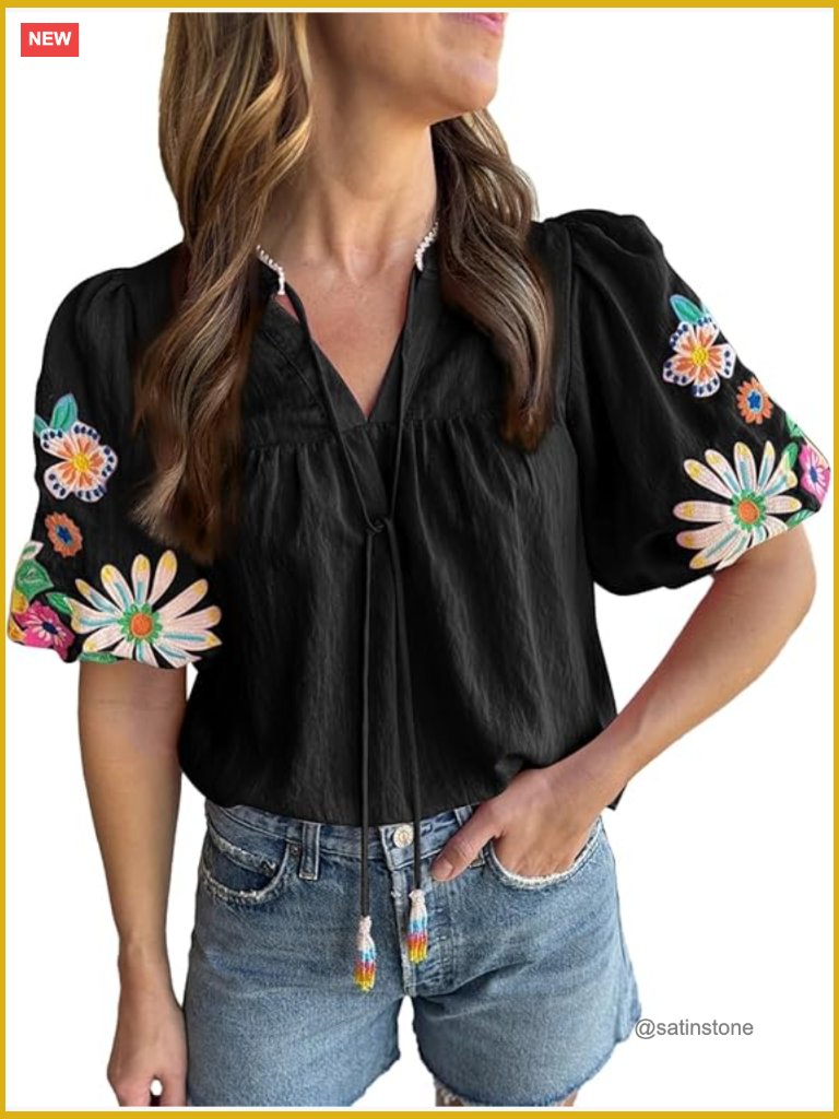 Viscose Polyester Spandex Embroidered Boho Tunic Top Puff Sleeve Casual